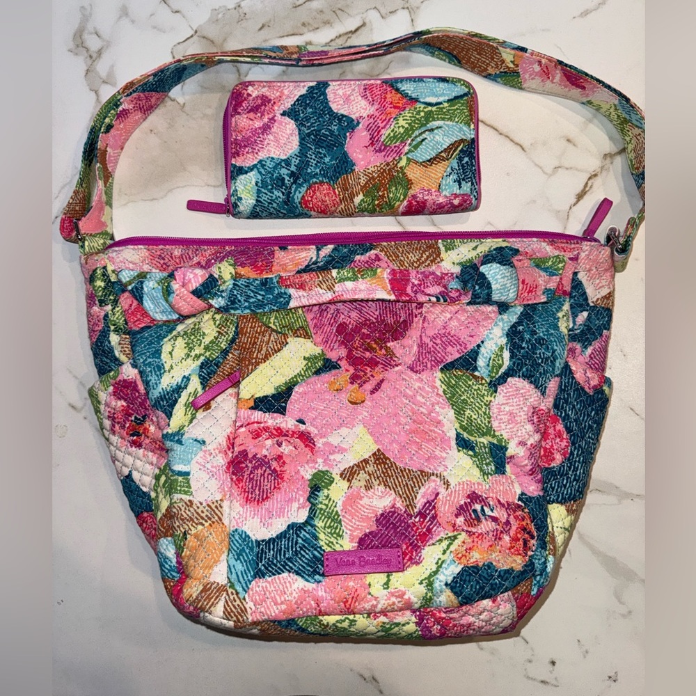 Vera Bradley Quilted Floral Shoulder Bag + Wallet Set Multicolor Pink Teal NWOT